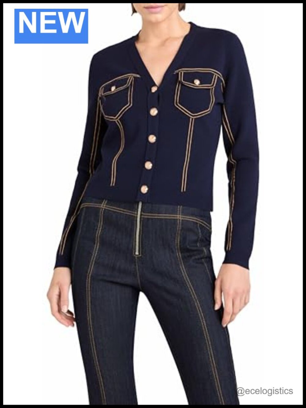 Cardigan Sweater Knit Contrast Stitching Button Down